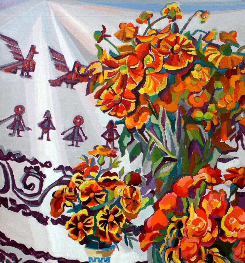 Oil painting of vibrant orange yellow flowers in patterned vase by Leonid Pavlenko