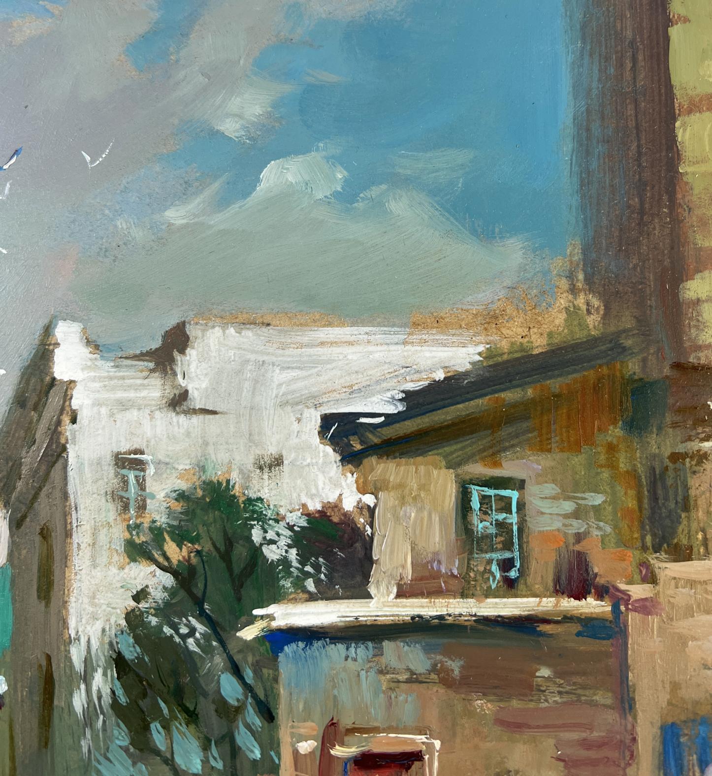 Impressionistic oil painting of weathered pier in evening colors by Yuriy Suprunchuk