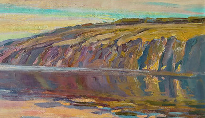 Oil painting Quiet Morning by Leonid Pavlenko: rugged cliffside reflections