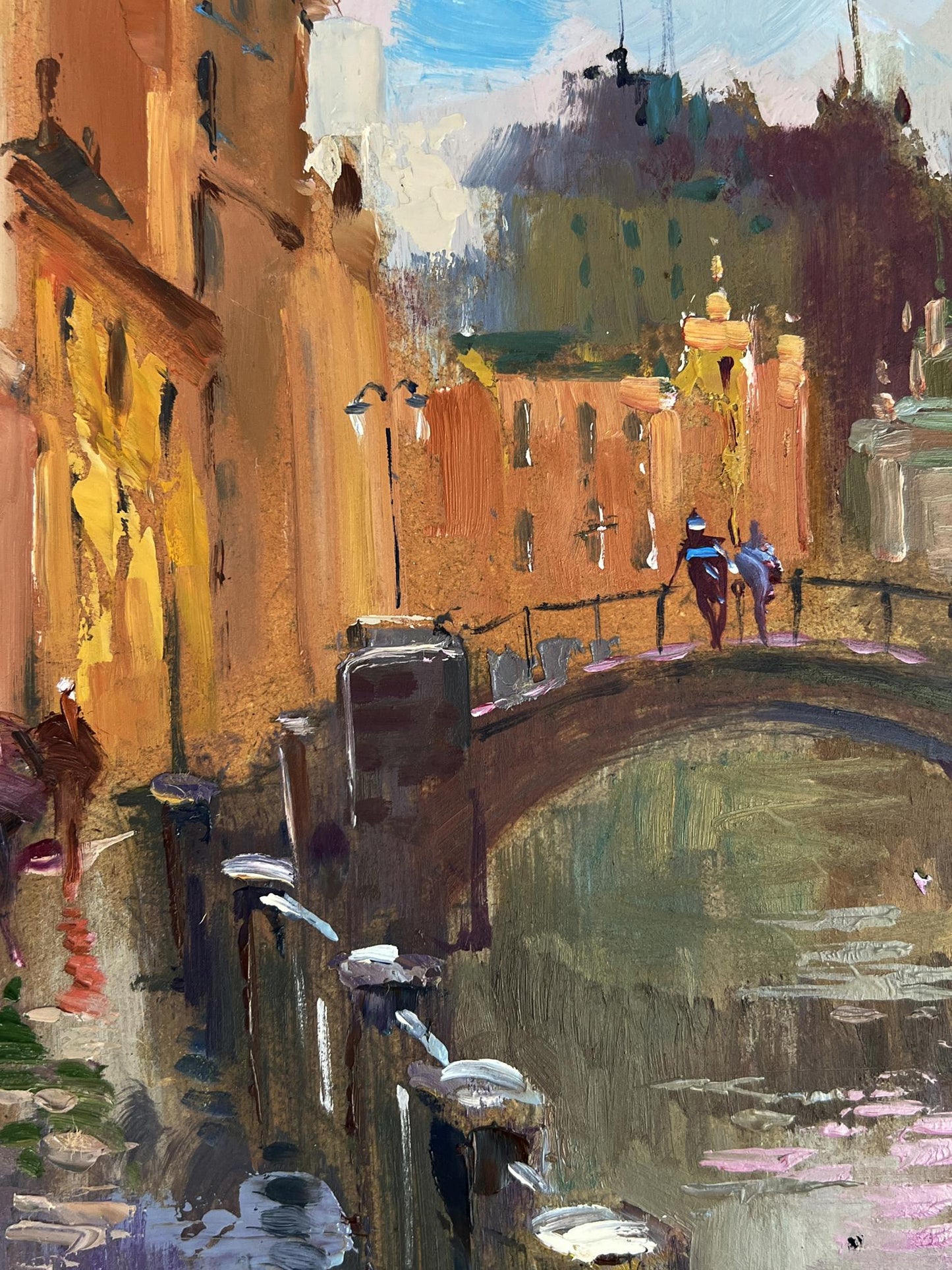 Vibrant impressionist oil painting by Yuriy Suprunchuk: canal with bridge