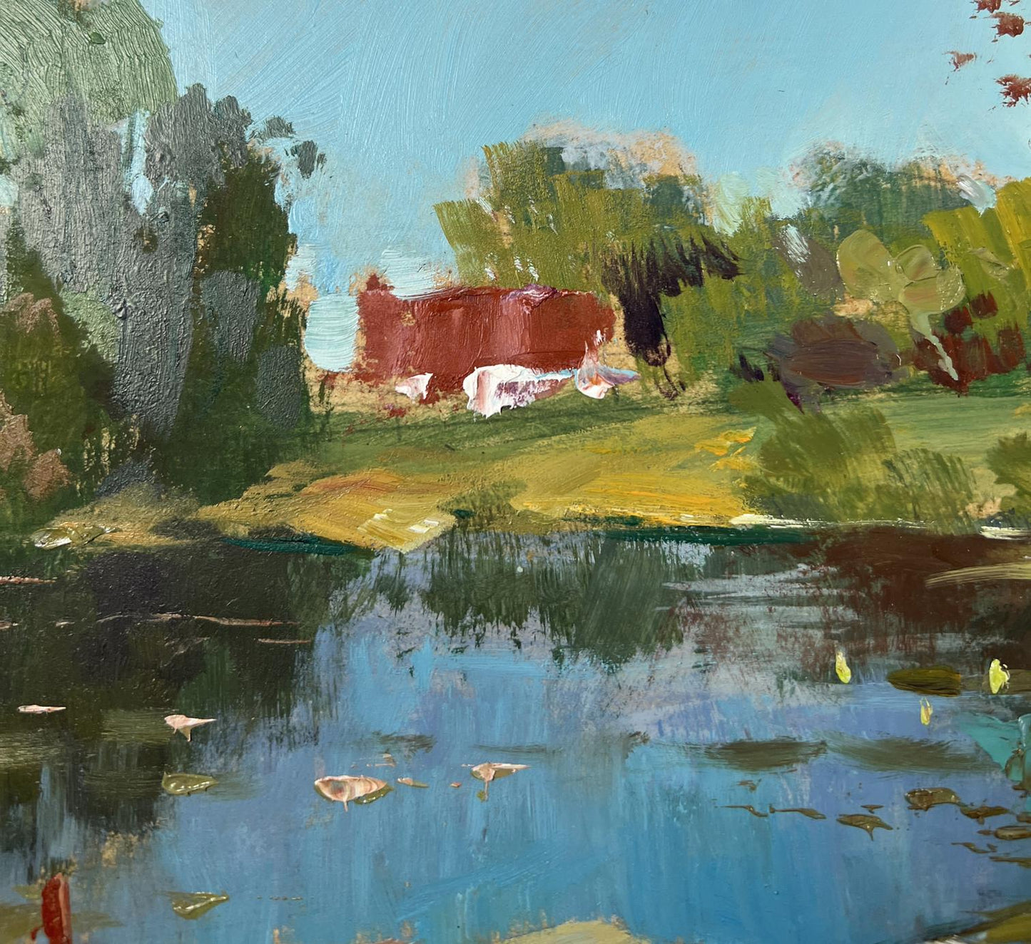 Rustic red barn by pond oil painting by Yuriy Suprunchuk