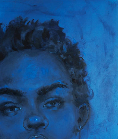 Blue-toned oil portrait of Calm Victoria Kagalovska with curly hair