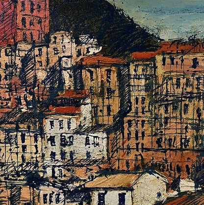 Oil painting graphic of the city by Serhiy Kovalev, textured urban landscape