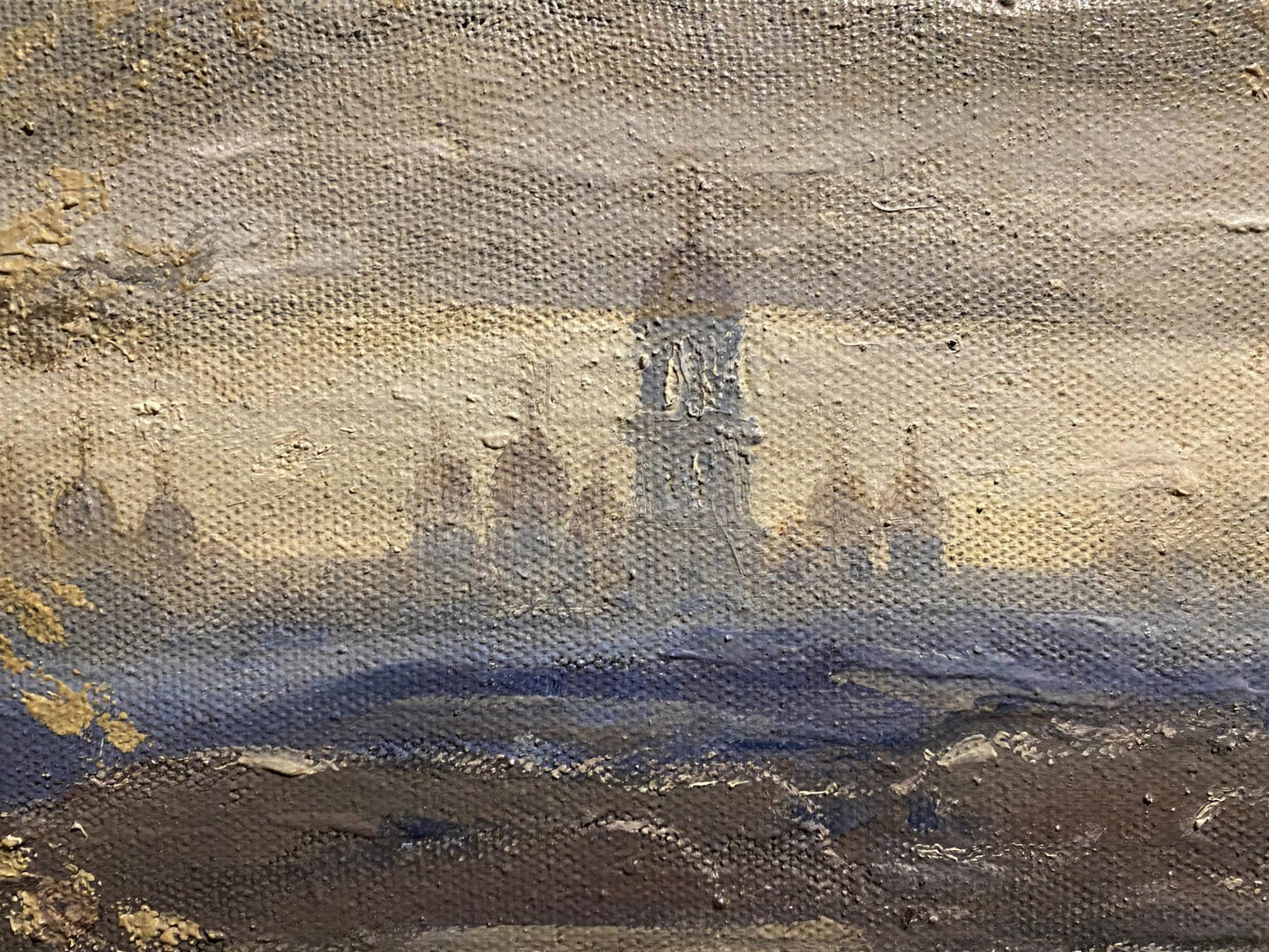 Oil painting On the River Bank by Anatoly Shariy cityscape in earth tones