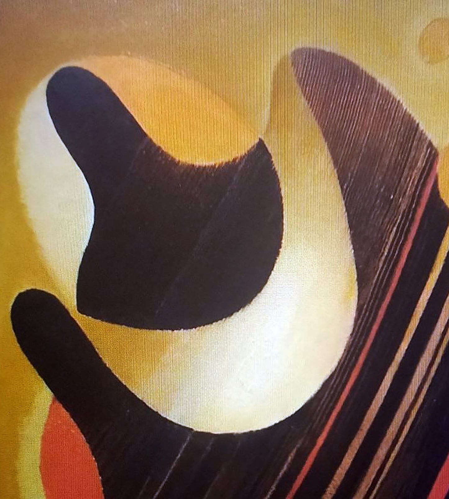 Backlit oil painting by Alexander Strashevich with bold black, cream, ochre shapes on textured canvas