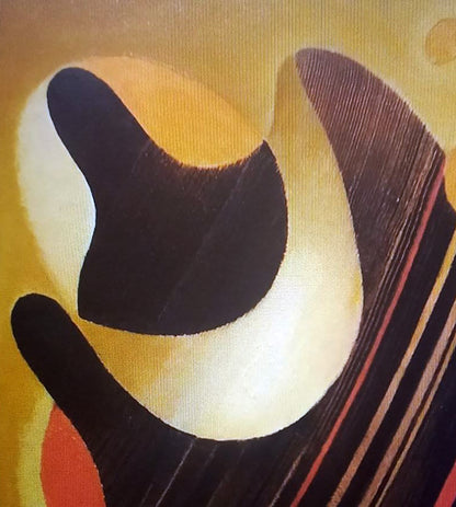 Backlit oil painting by Alexander Strashevich with bold black, cream, ochre shapes on textured canvas