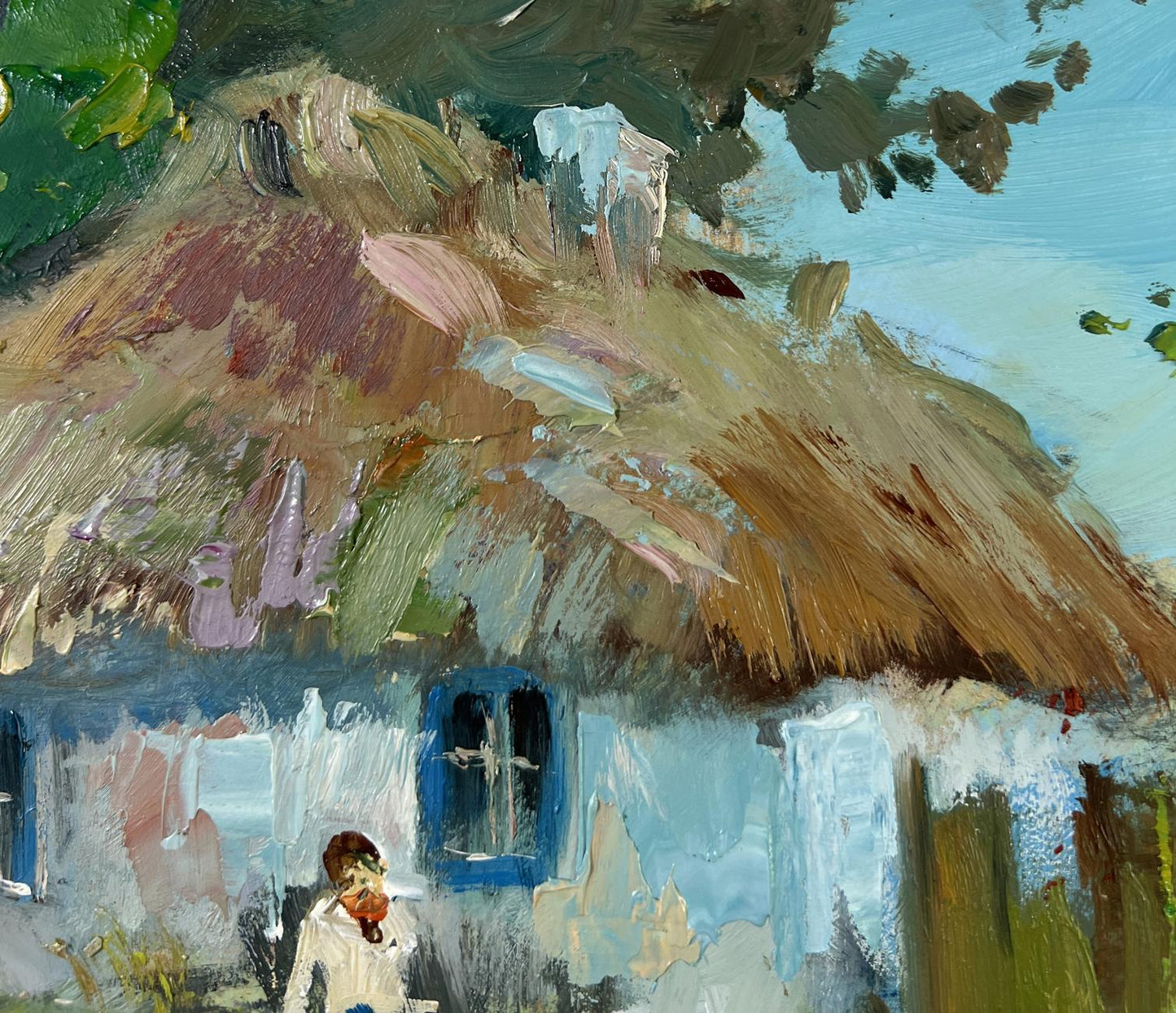 Oil painting of rustic thatched cottage by Yuriy Suprunchuk