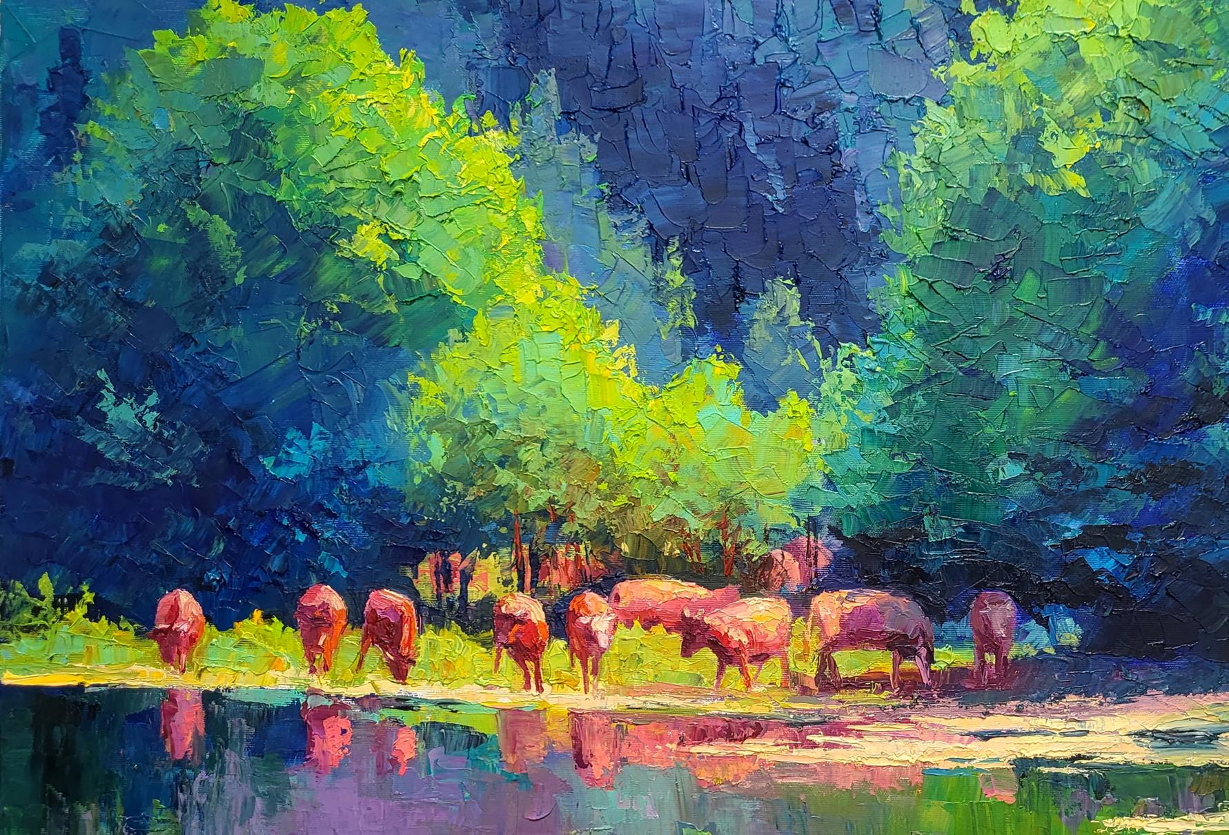 Oil painting of reddish-brown bison herd grazing by water by Boris Serdyuk