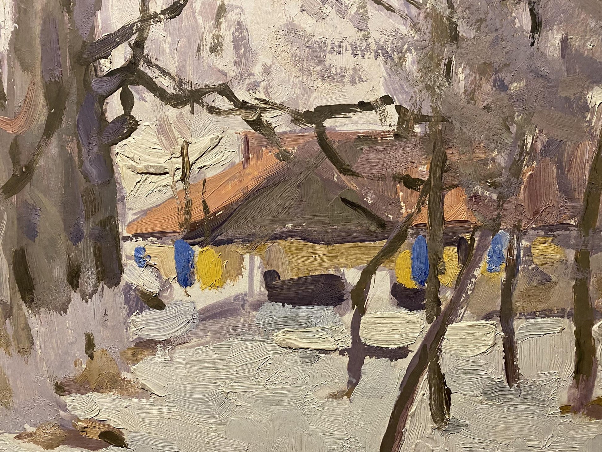 Oil painting Early winter by Nikolai Fedorovich Bortnikov, textured winter house scene