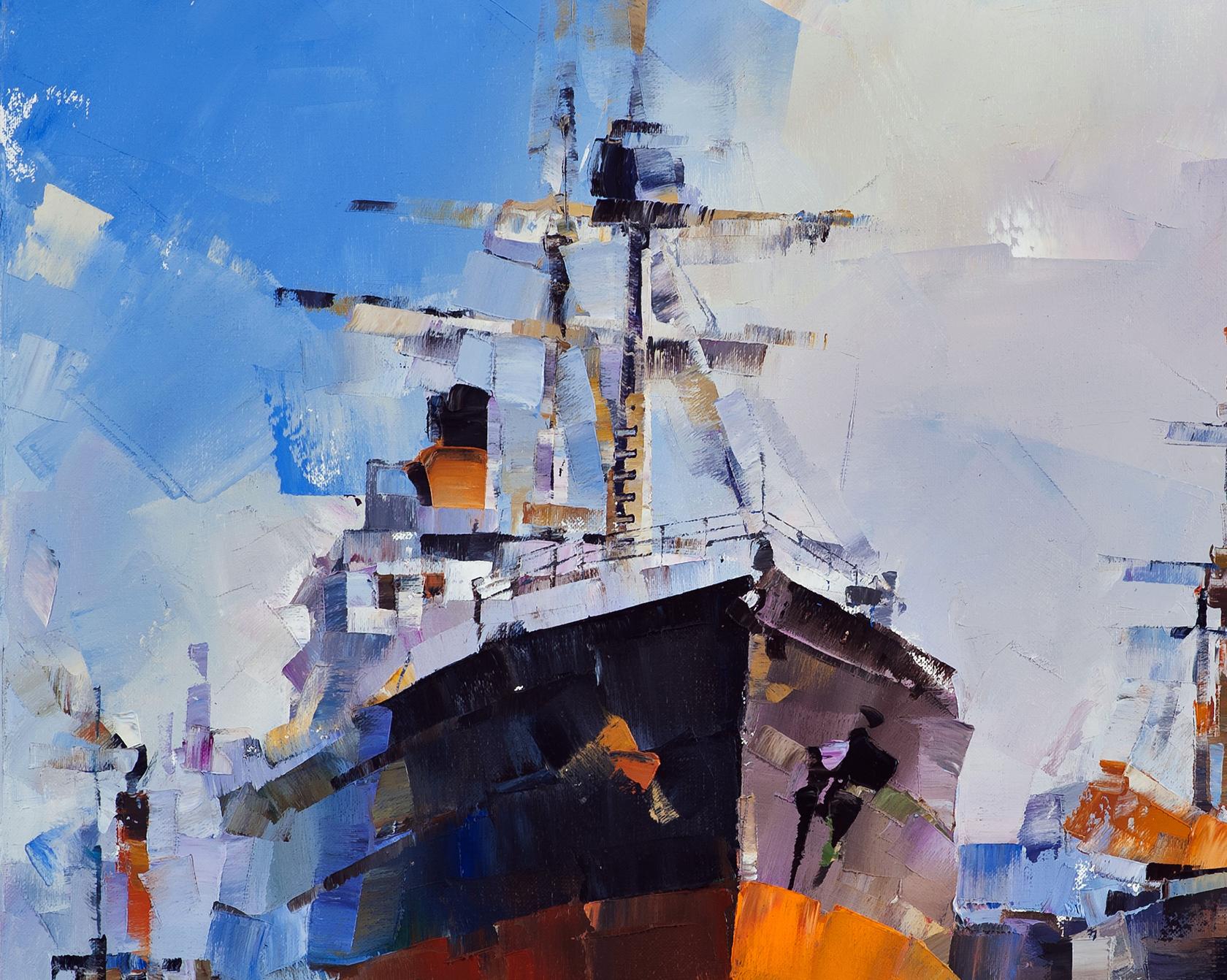 Abstract ship bow at old lighthouse oil painting by Volodymyr Gluhomanyuk