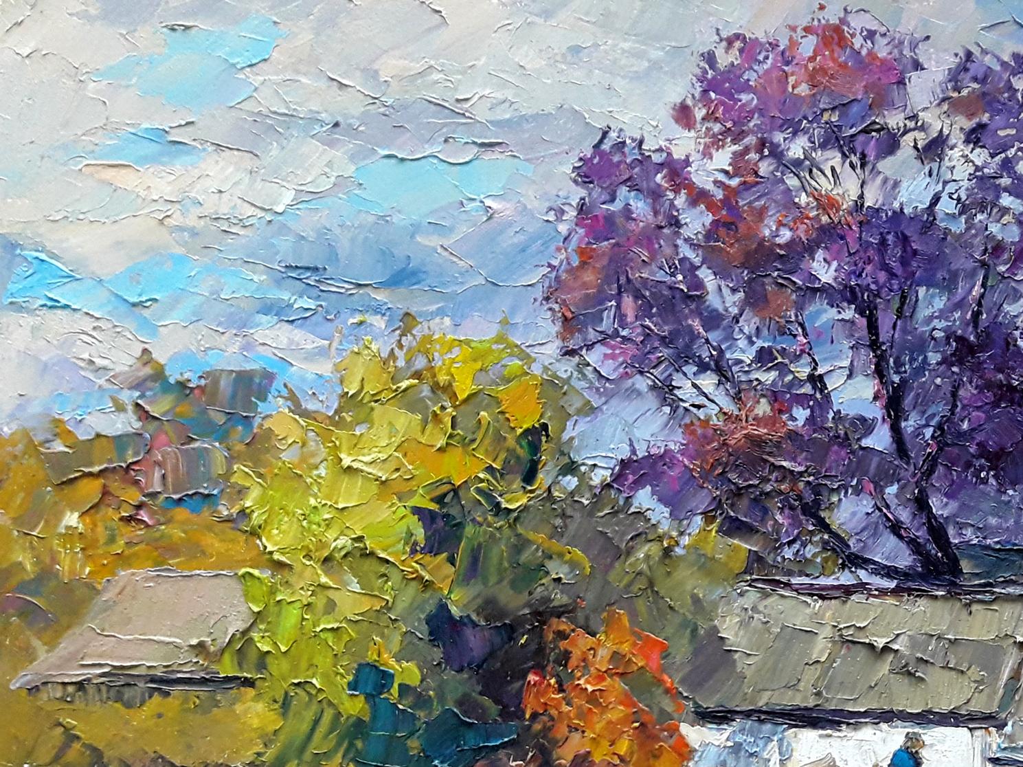 Oil painting Autumn chores by Boris Serdyuk: vibrant village with purple yellow trees