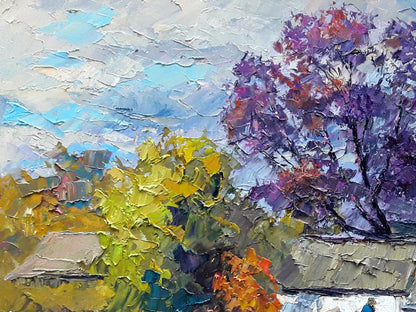 Oil painting Autumn chores by Boris Serdyuk: vibrant village with purple yellow trees
