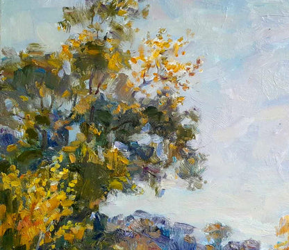 Vibrant impressionist Oi painting by Ivan Kovalenko: golden tree by river