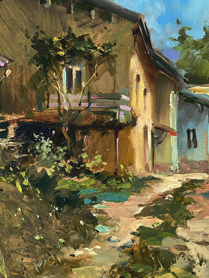 Oil painting of rustic ivy-covered wooden house by Yuriy Suprunchuk