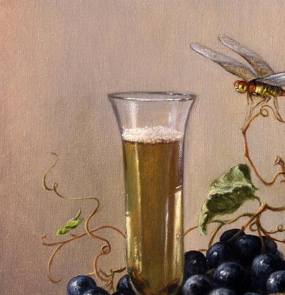 Oil painting of Light Treat by Valeriy Bulat: tall glass with golden beer and frothy head