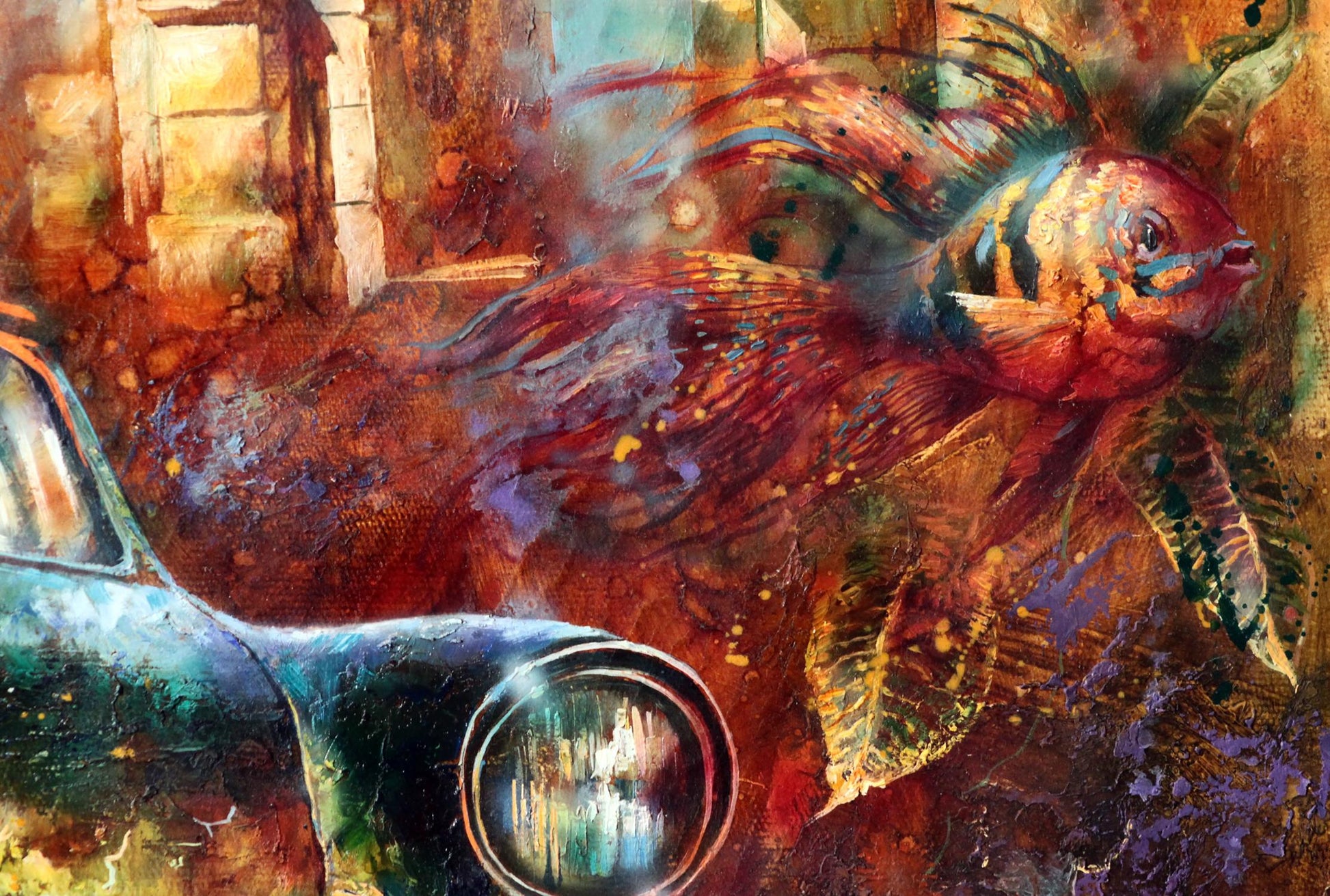 Oil painting Forgotten Motive by Alexander Dobrodiy: colorful fish by old car fender
