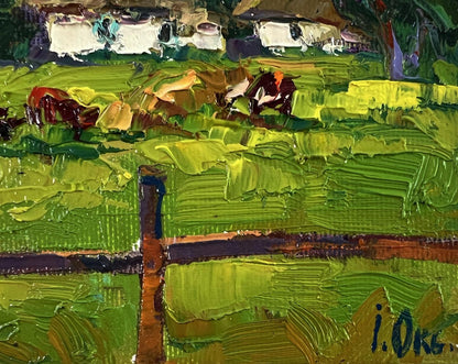 Vibrant impressionist oil painting by Oksana Ivanyuk of cows grazing in green meadow