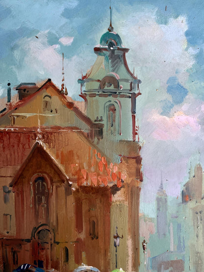 Oil painting of historic clock tower by Yuriy Suprunchuk in pastel tones