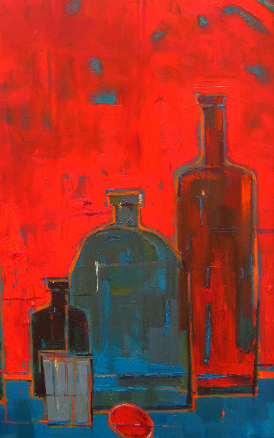 Oil painting Still life in the red room by Natalia Korf-Ivaniuk, three glass bottles in reds and blues