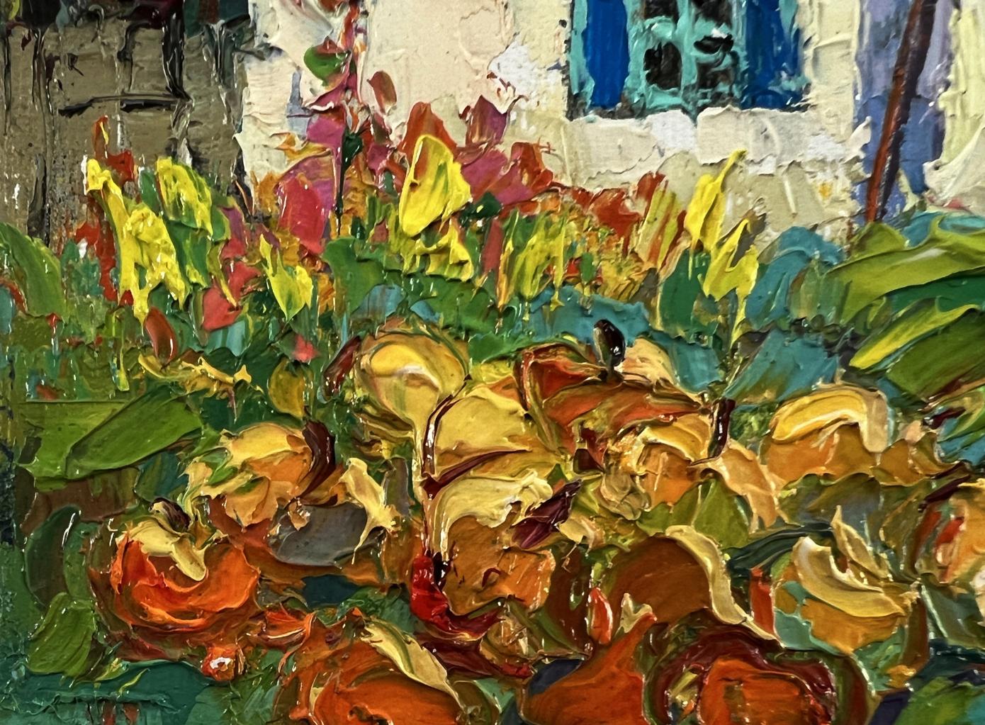 Vibrant impressionist oil painting of Oksana Ivanyuks village courtyard garden