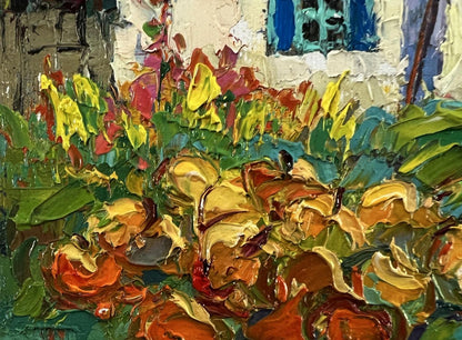 Vibrant impressionist oil painting of Oksana Ivanyuks village courtyard garden