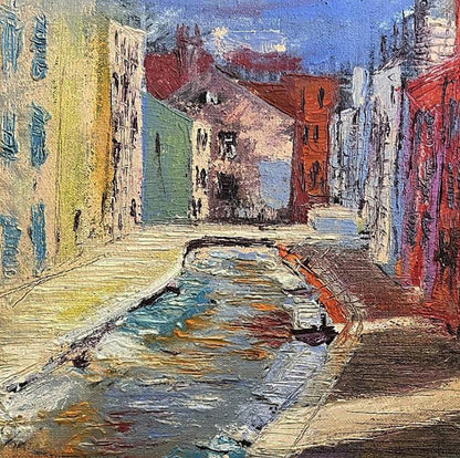 Vibrant impressionistic oil painting Compromise by Serhiy Kovalev, narrow canal
