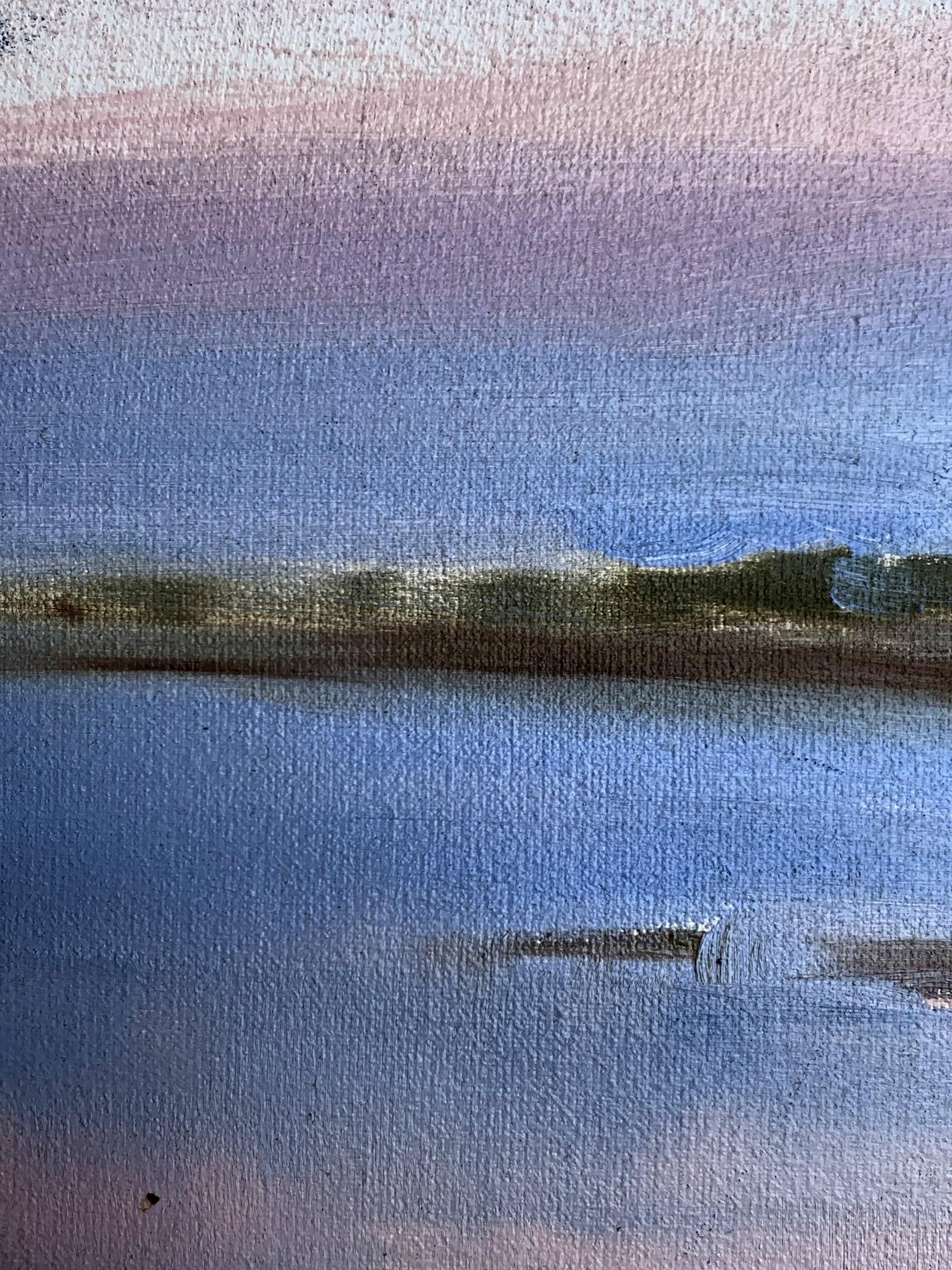 A soft pastel landscape painting featuring a tranquil water scene with gentle gradients of lavender, blue, and muted earth tones.