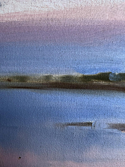 A soft pastel landscape painting featuring a tranquil water scene with gentle gradients of lavender, blue, and muted earth tones.
