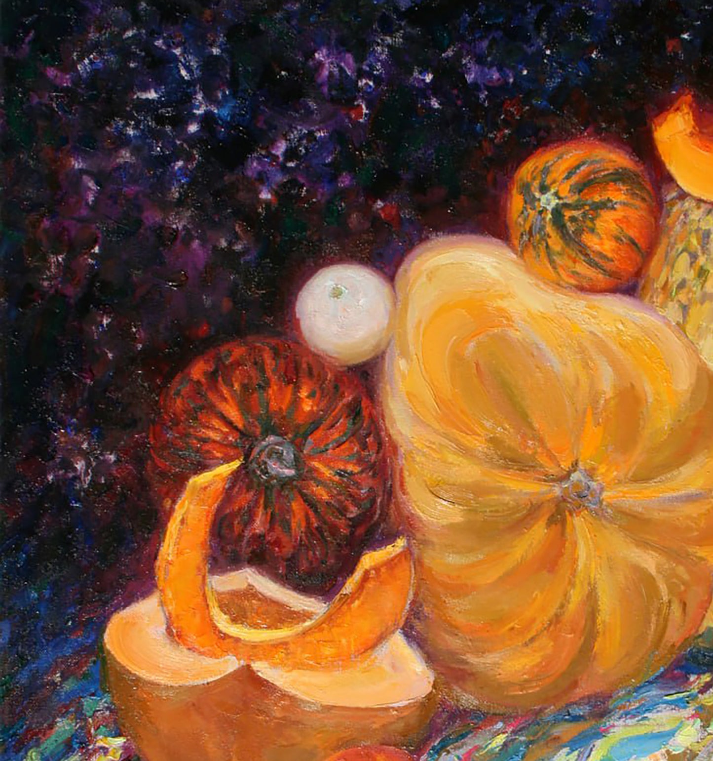 Oil painting The moon has risen by Leonid Pavlenko with vibrant pumpkins