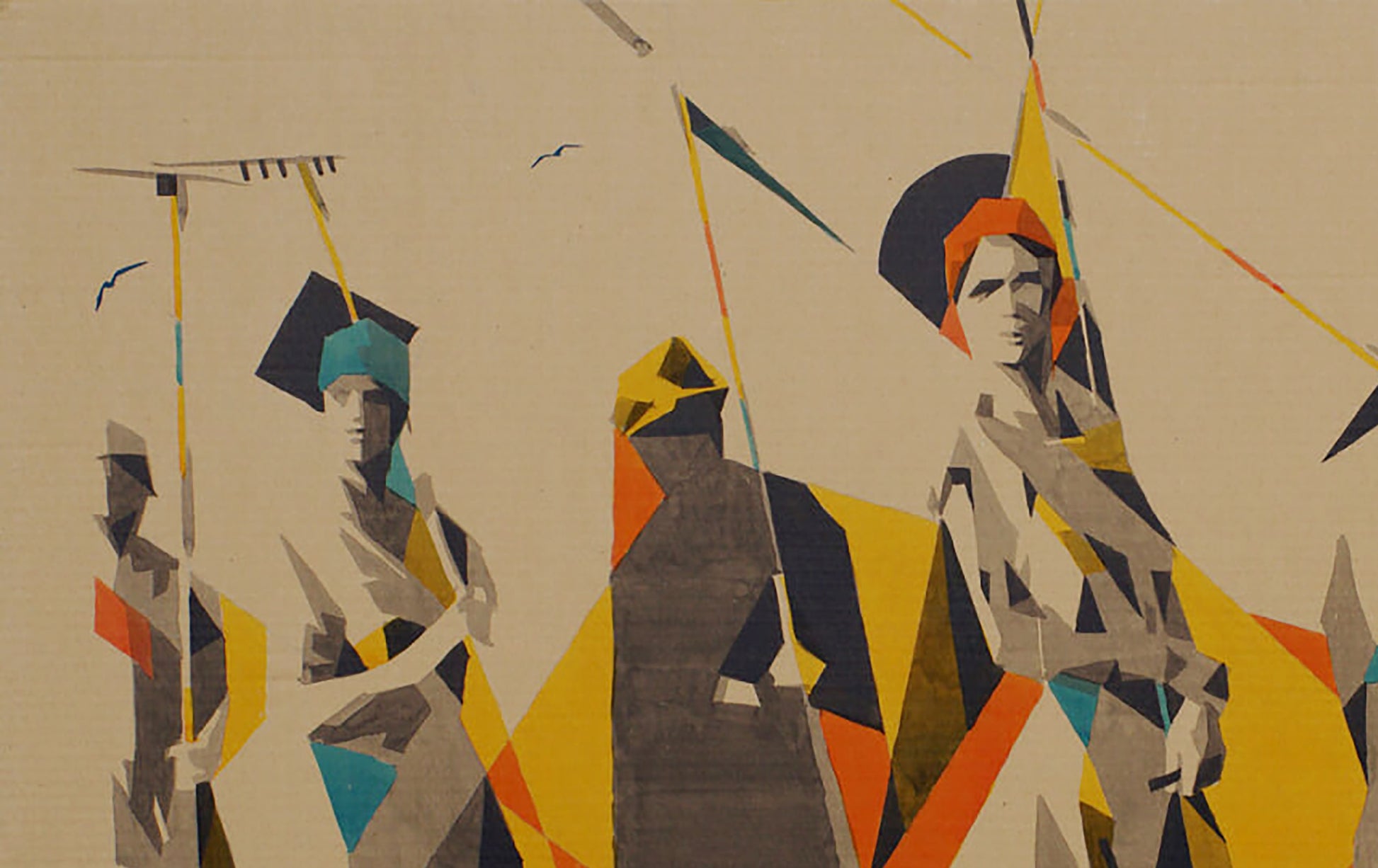 Field of Life watercolor by Dima Filatov: abstract geometric figures in yellow, orange, teal, black on beige