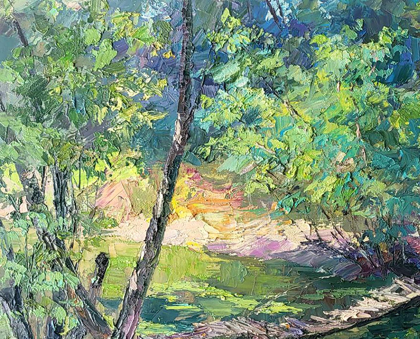 Vibrant impressionist oil painting of sun-dappled forest bridge by Boris Serdyuk