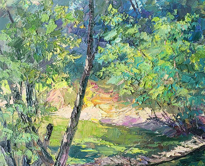 Vibrant impressionist oil painting of sun-dappled forest bridge by Boris Serdyuk