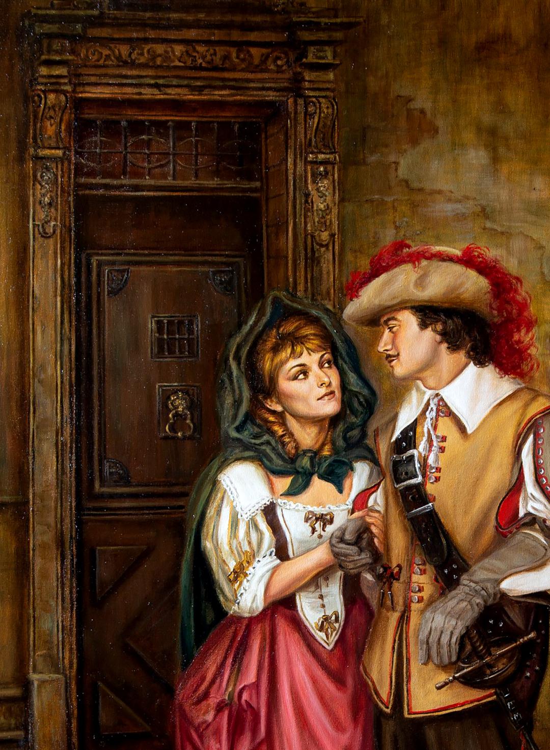 Oil painting Maybe in the future Valeriy Bulat woman in white blouse red skirt green cloak with man