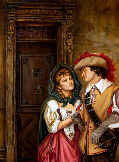Oil painting Maybe in the future Valeriy Bulat woman in white blouse red skirt green cloak with man