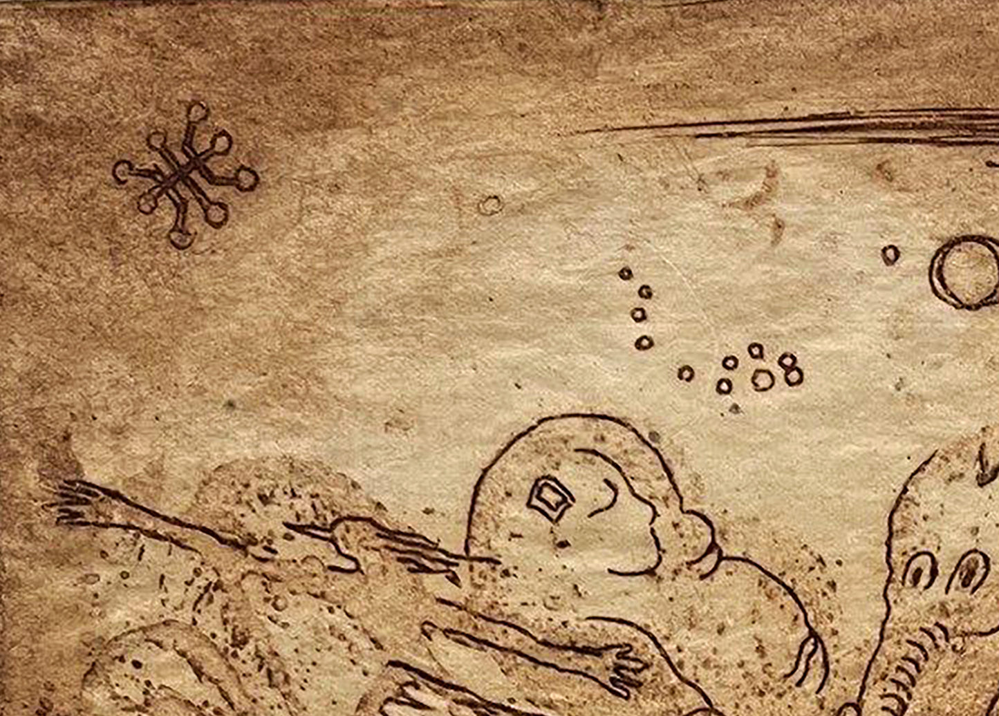 Ancient parchment etching Night by Oleksandr Zhmailo with celestial figures