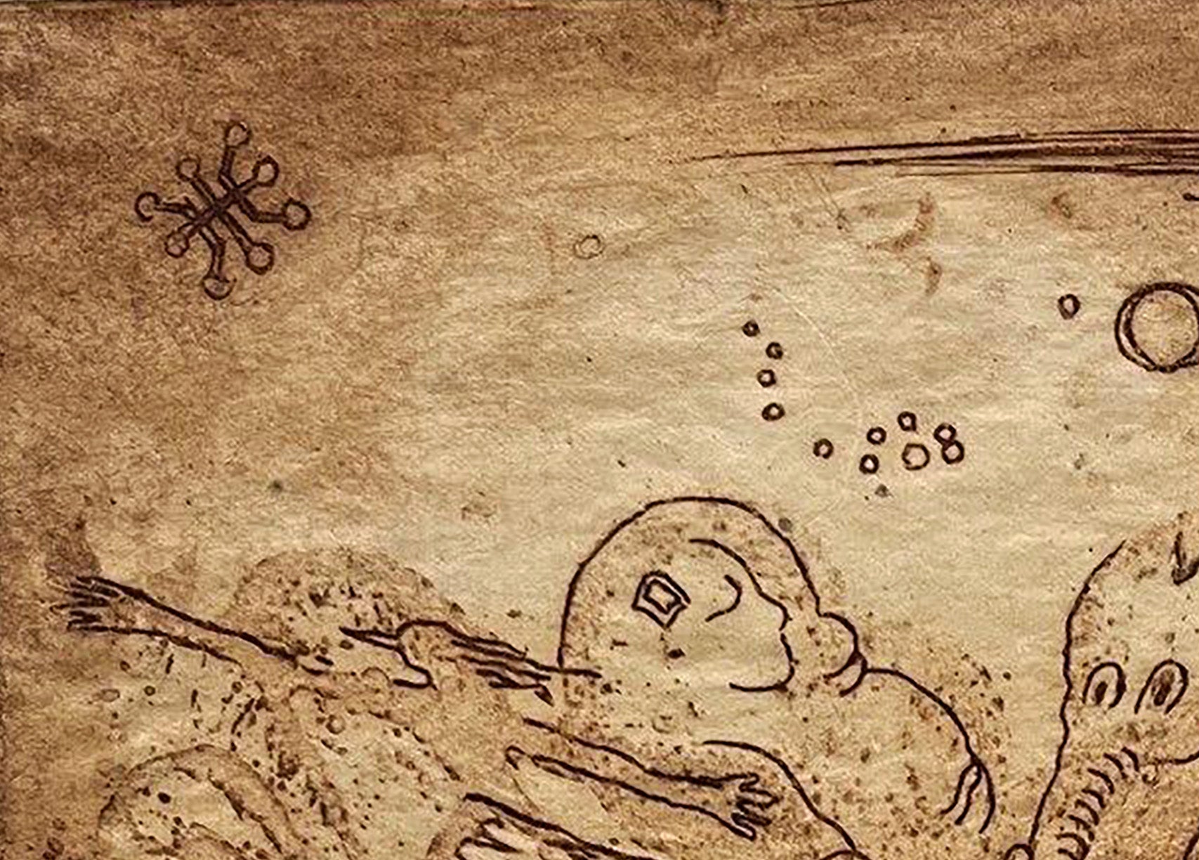 Ancient parchment etching Night by Oleksandr Zhmailo with celestial figures