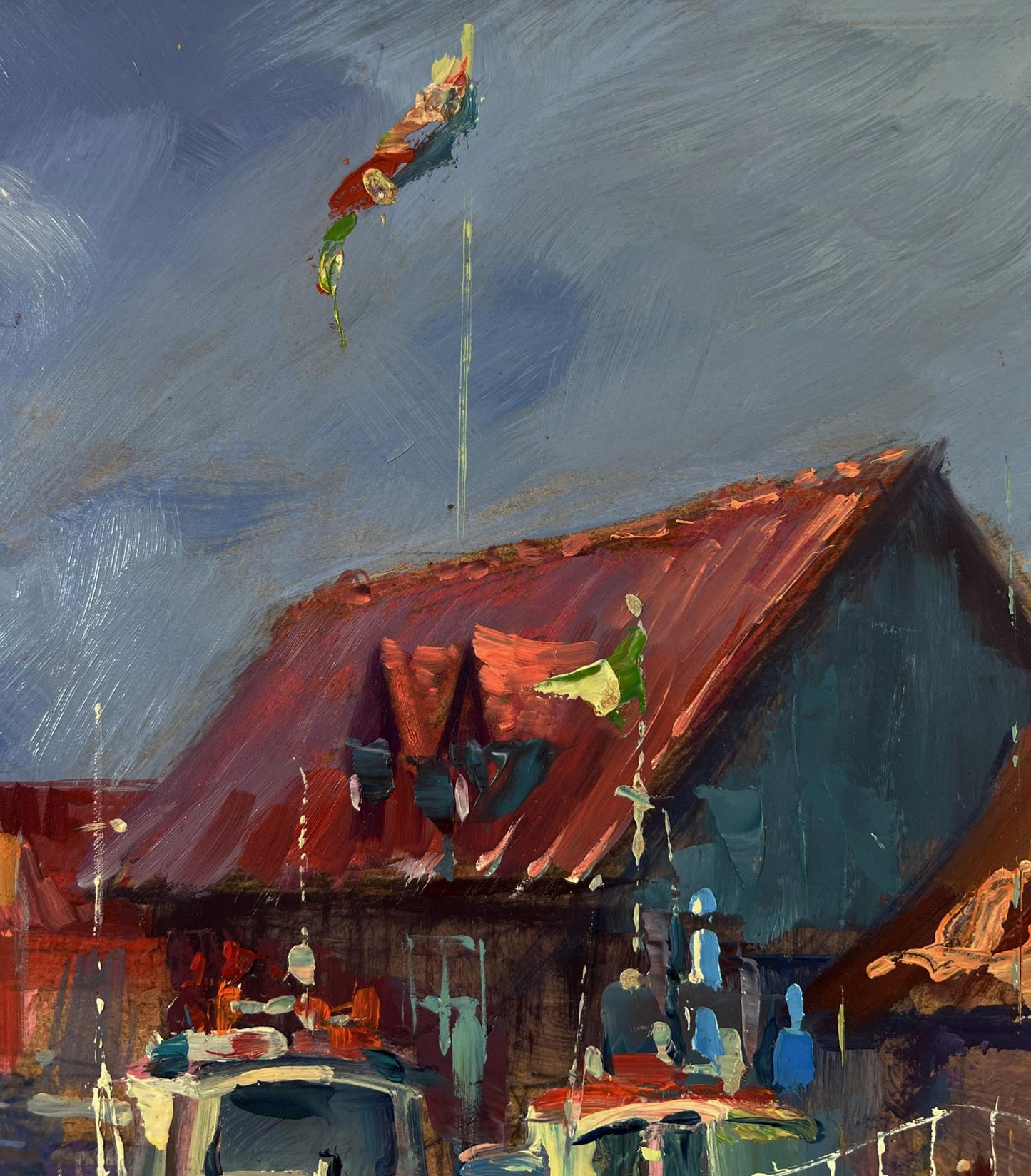 Oil painting of vibrant red roof with green flag, City on the Water by Yuriy Suprunchuk