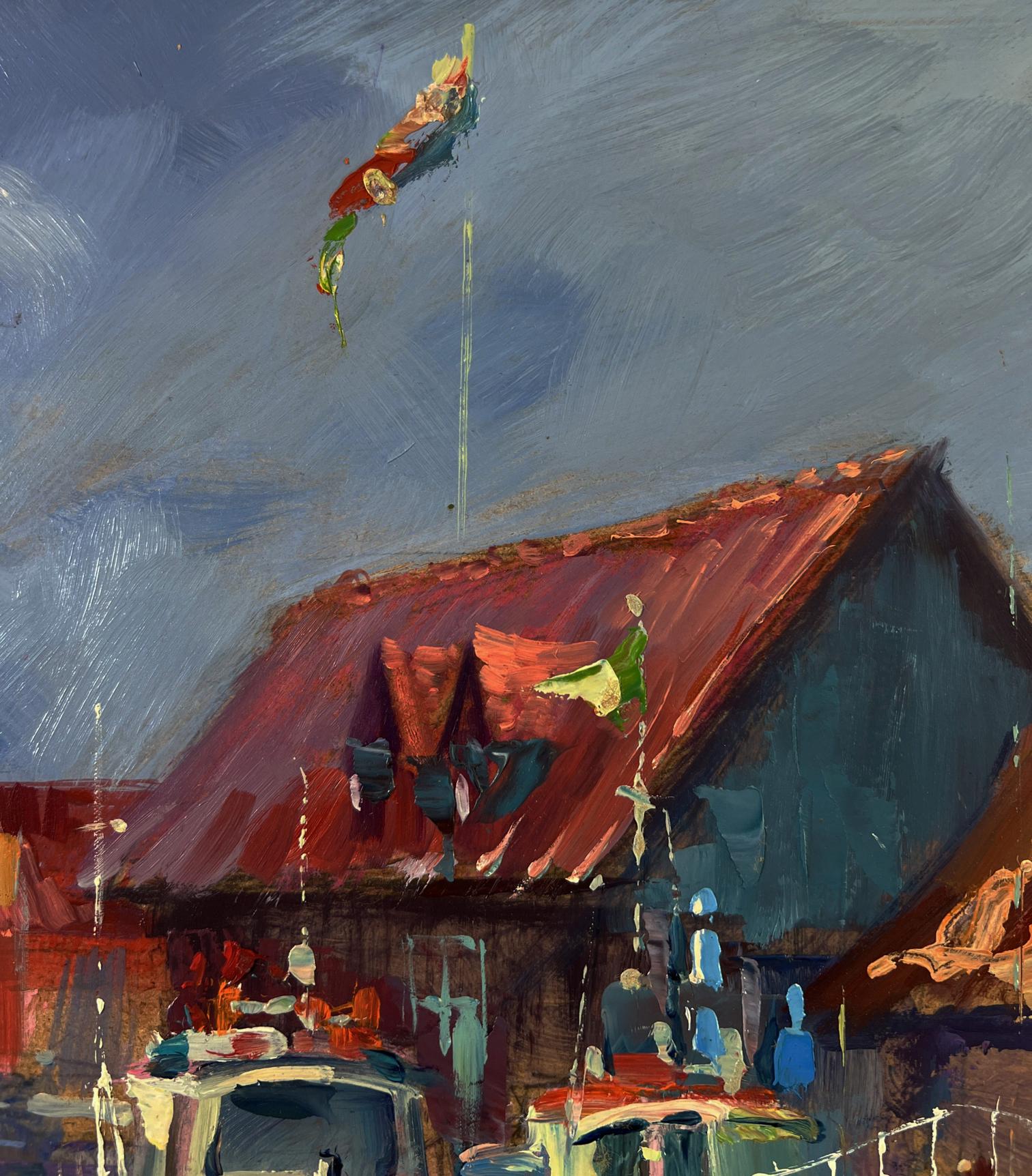 Oil painting of vibrant red roof with green flag, City on the Water by Yuriy Suprunchuk