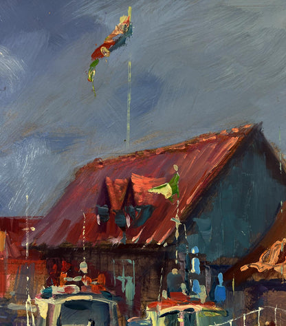 Oil painting of vibrant red roof with green flag, City on the Water by Yuriy Suprunchuk