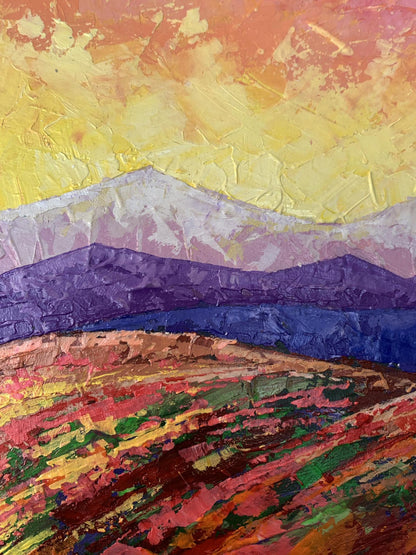 Vibrant oil painting Crimson sunset in the mountains by V. Zadorozhnya