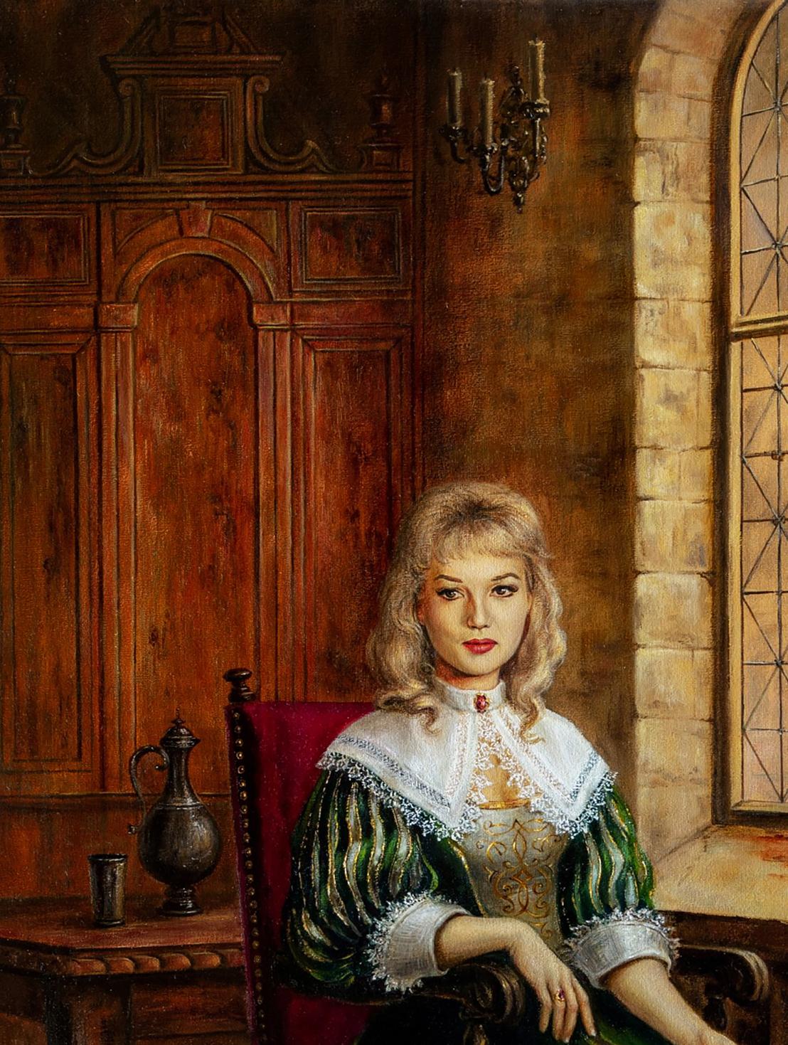 Oil painting of woman in green white gown on red chair by Valeriy Bulat