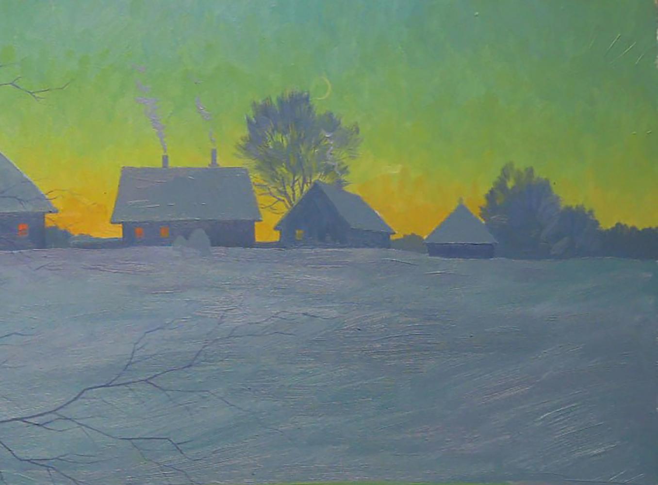 Oil painting Winter evening Valery Savenets: snow-covered village with glowing windows