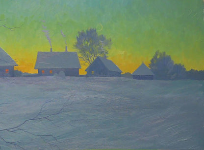Oil painting Winter evening Valery Savenets: snow-covered village with glowing windows
