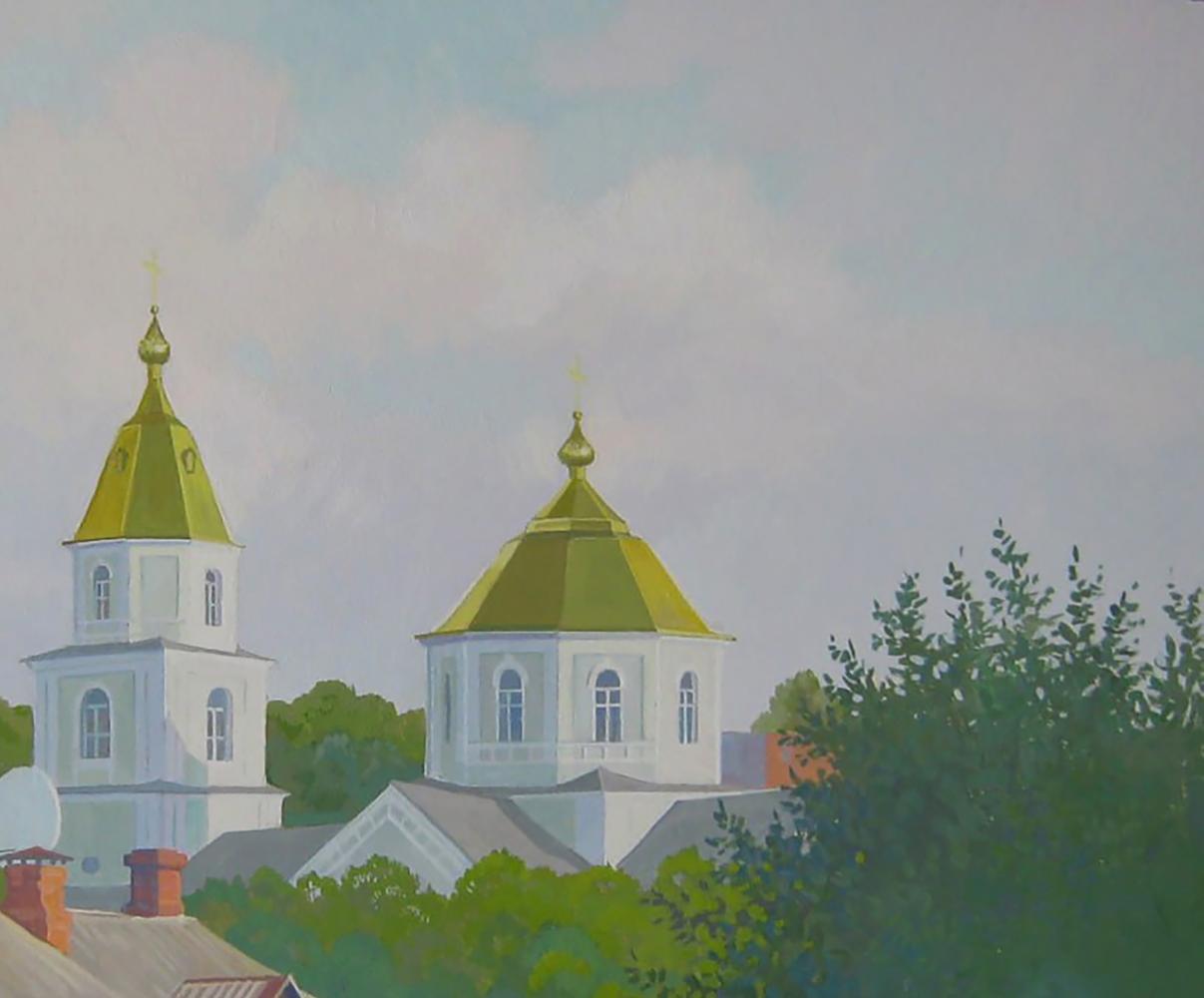 White church with golden domes by Valery Savenets acrylic painting