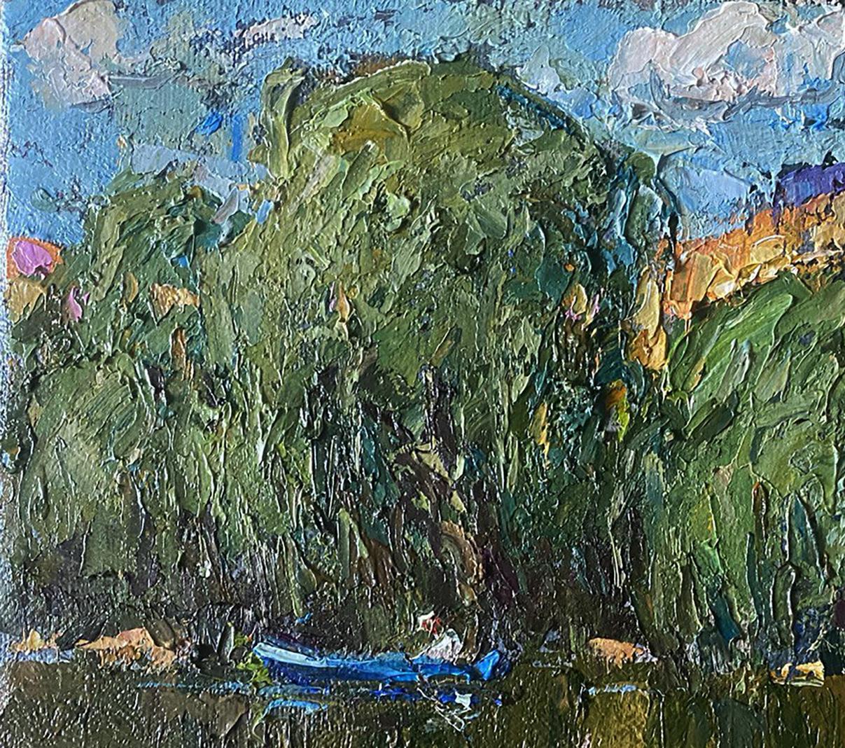 Textured oil painting of lush green tree by Oleksiy Ivanyuk under blue sky