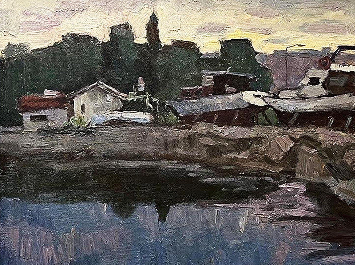 Impressionistic oil painting Twilight by Oleksandr Andreev: riverside village