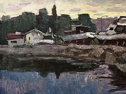Impressionistic oil painting Twilight by Oleksandr Andreev: riverside village