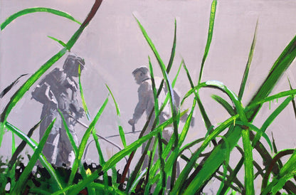 Oil painting by Lawn Ed Potapenkov: two figures in gray tactical gear in tall green grass