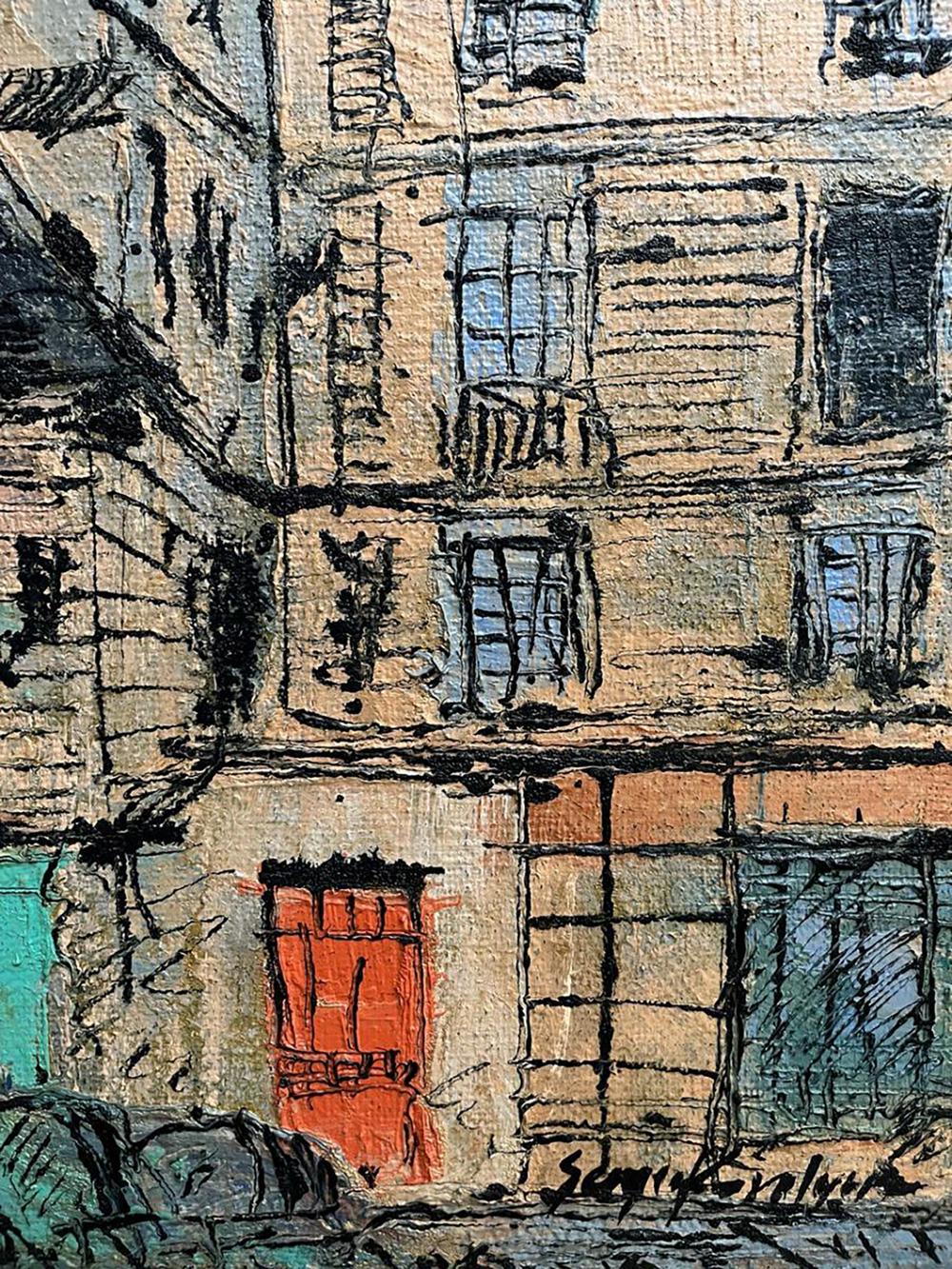 Oil painting Parisian comfort by Serhiy Kovalev, textured orange door facade