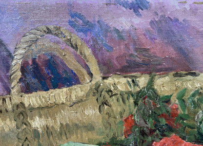 Oil painting by Nestor Kizenko: woven straw basket with curved handle